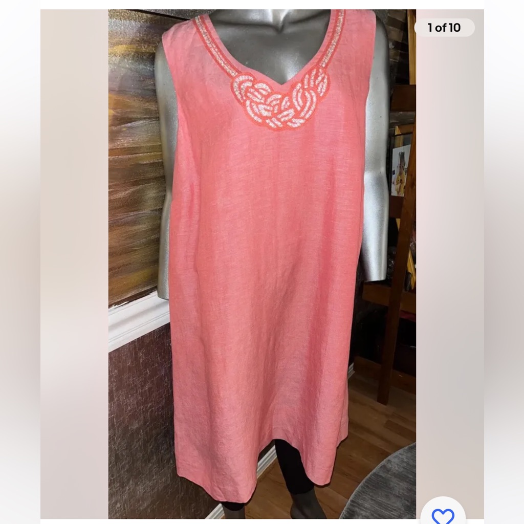 Nic + Zoe Coral Embellished V-Neckline Linen Blend Dress Size 1x New Msrp $288